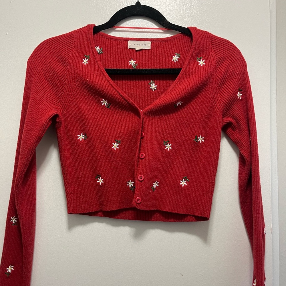 L.A. Hearts Embroidered Daisy Knit Cardigan – Red
